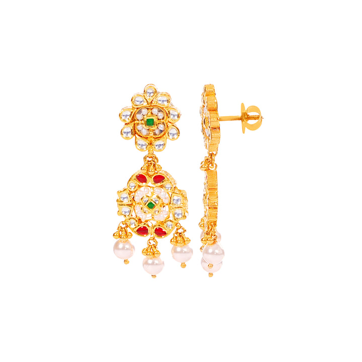 Gorgeous Antique Long Earrings With Kundan & Gemstones in 22K Gold