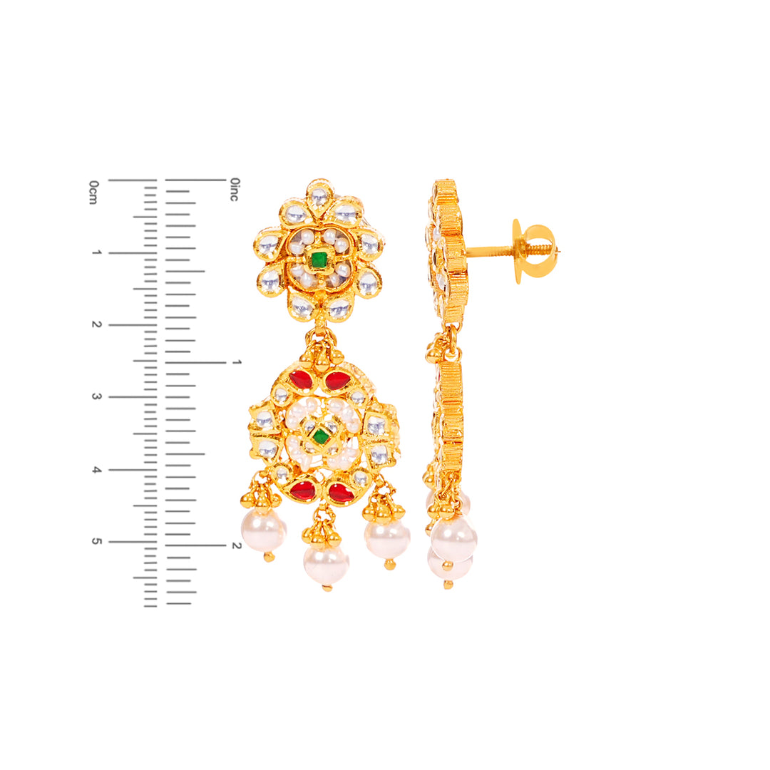 Gorgeous Antique Long Earrings With Kundan & Gemstones in 22K Gold
