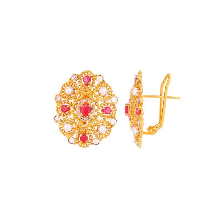 Fascinating Antique Earrings With Ruby, Pearl & Gemstones in 22K Gold