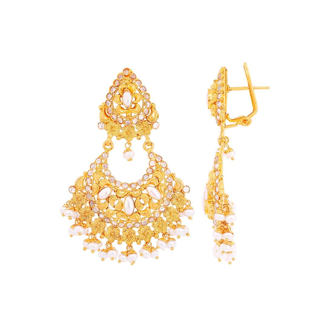 Gorgeous Antique Chandbali With Pearl & Gemstones in 22K Gold