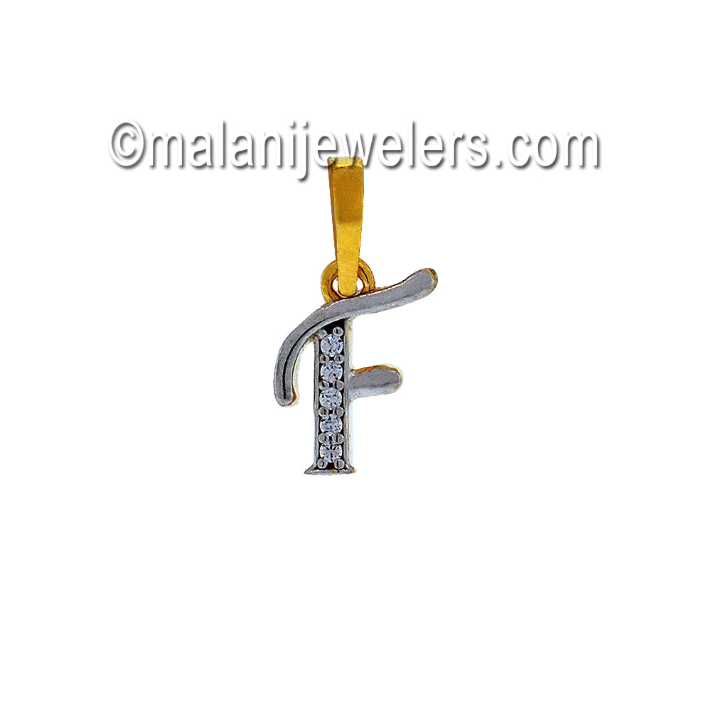 "F" Initial Two-tone Pendant with CZ in 22K Gold