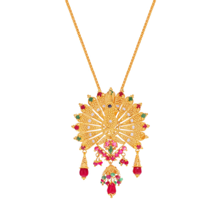 Distinctive Peacock Pendant With Ruby Emerald & CZ in 22K Gold