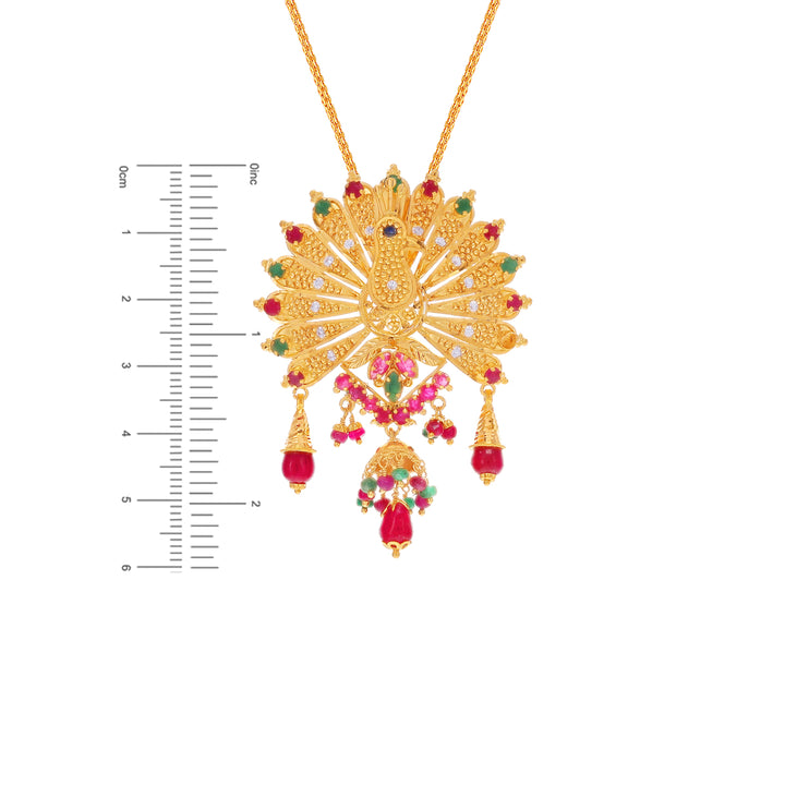 Distinctive Peacock Pendant With Ruby Emerald & CZ in 22K Gold