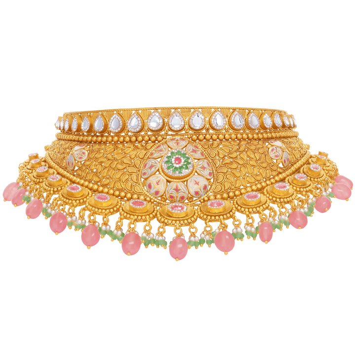 Opulent Antique Minakari Choker Set With Kundan & Gemstones in 22K Gold