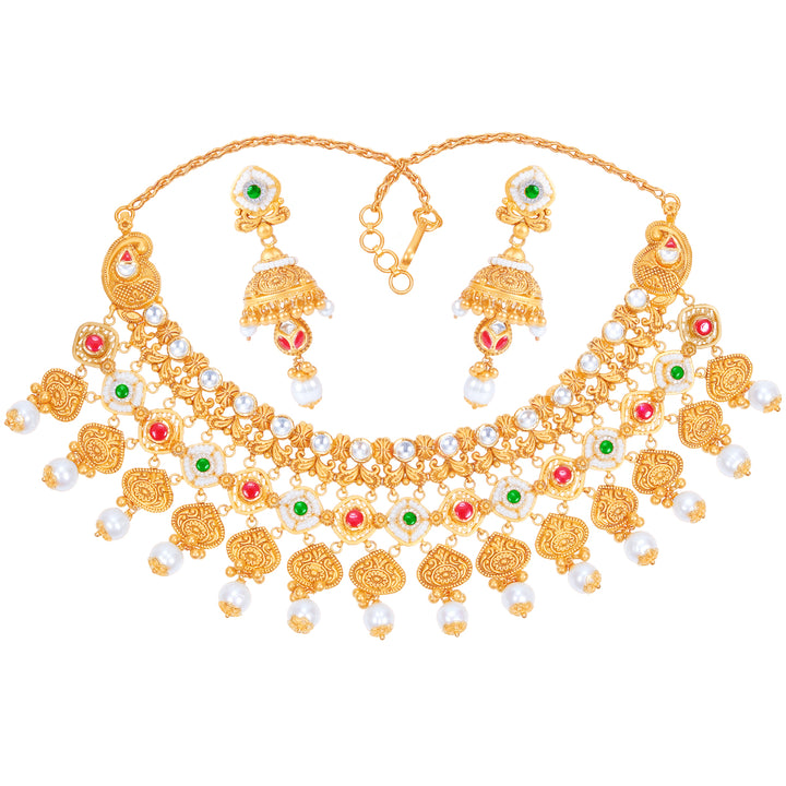 Intricate Antique Necklace Set With Kundan & Gemstones in 22K Gold