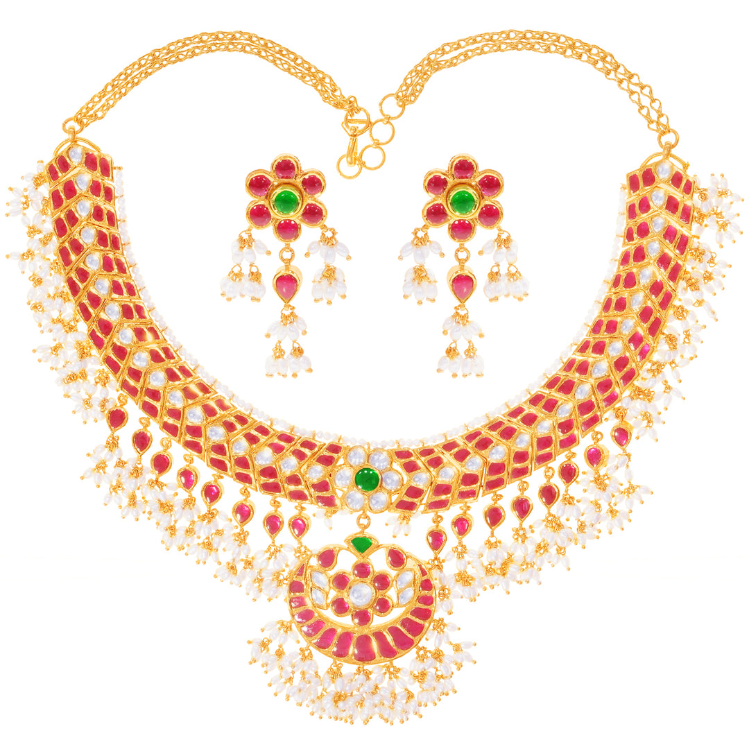 Glamorous Antique Gutta PusaluNecklace Set With Kundan & Gemstones in 22K Gold