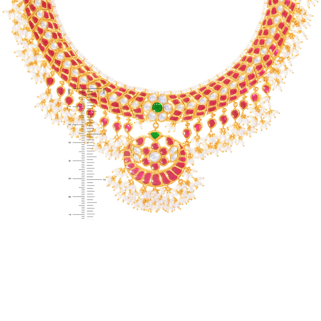Glamorous Antique Gutta PusaluNecklace Set With Kundan & Gemstones in 22K Gold