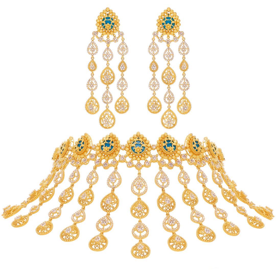 15.13CTW Rose Cut Diamond Choker Set With Turquoise in 22K Gold