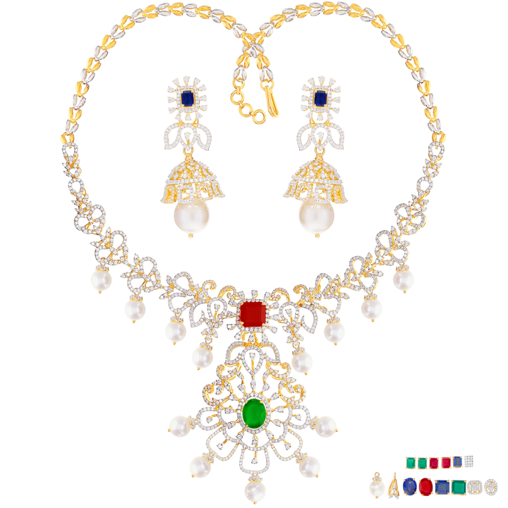 8.97Ct VVS/EF Diamond Necklace Set With Changeable Gemstones in 18K Gold