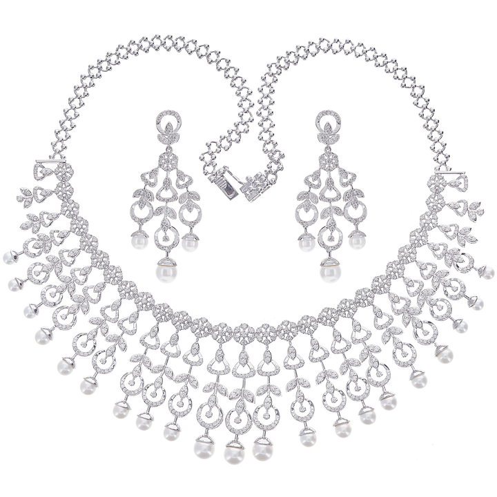 8.76Ct VVS/FG Diamond Necklace Set With Pearl in 18K White Gold