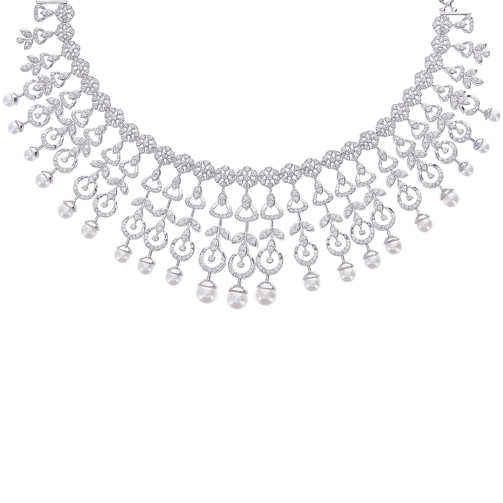 8.76Ct VVS/FG Diamond Necklace Set With Pearl in 18K White Gold