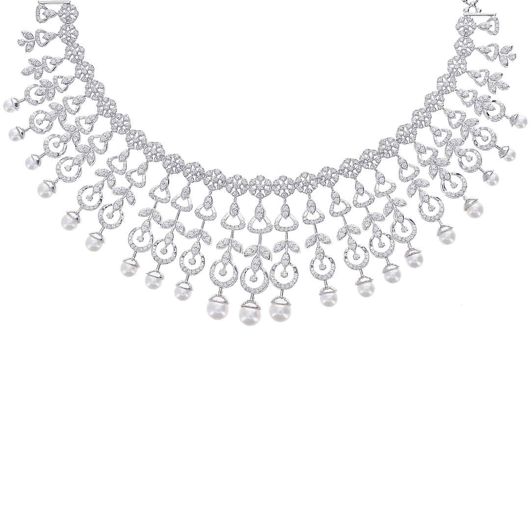 8.76Ct VVS/FG Diamond Necklace Set With Pearl in 18K White Gold