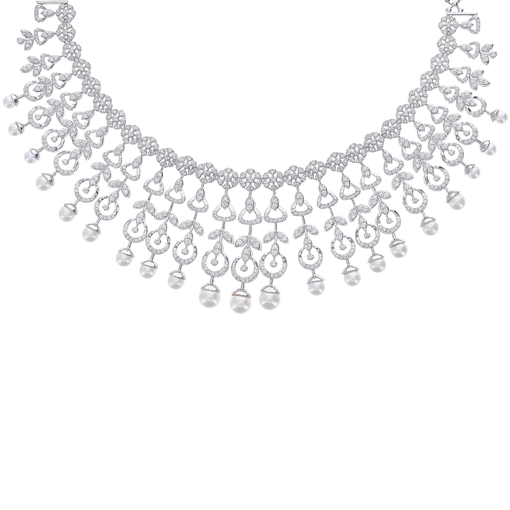 8.76Ct VVS/FG Diamond Necklace Set With Pearl in 18K White Gold