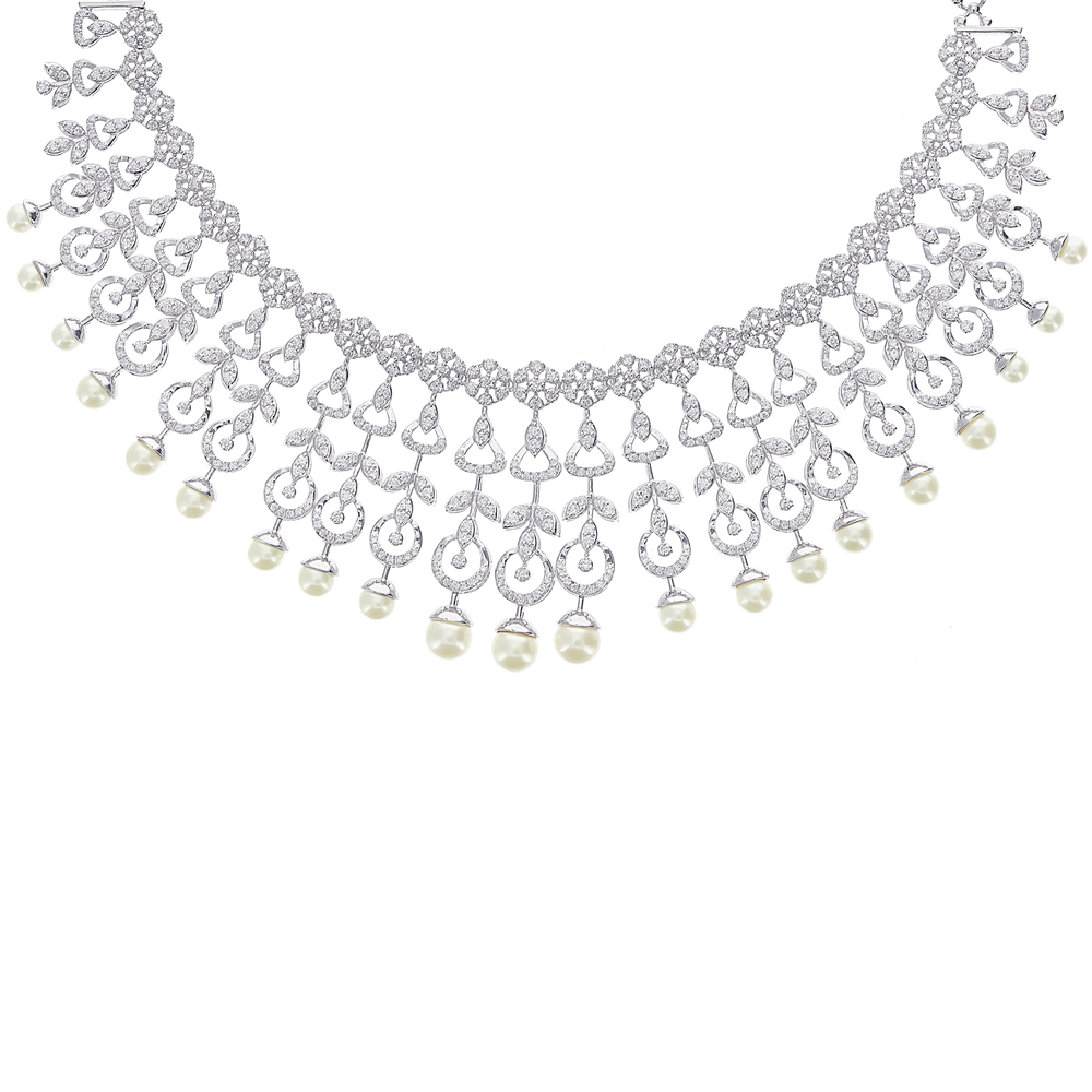 8.76Ct VVS/FG Diamond Necklace Set With Pearl in 18K White Gold