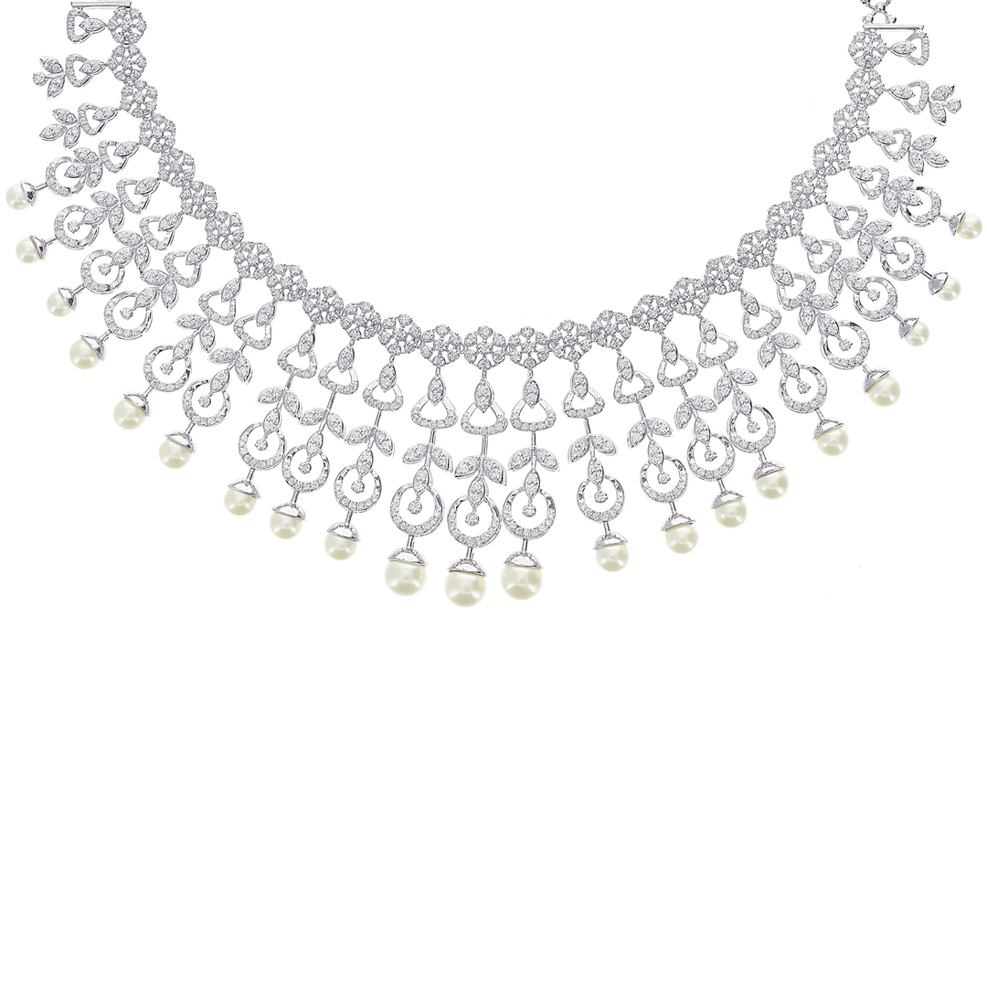 8.76Ct VVS/FG Diamond Necklace Set With Pearl in 18K White Gold