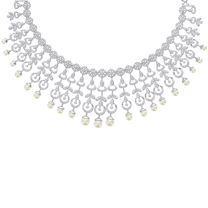 8.76Ct VVS/FG Diamond Necklace Set With Pearl in 18K White Gold