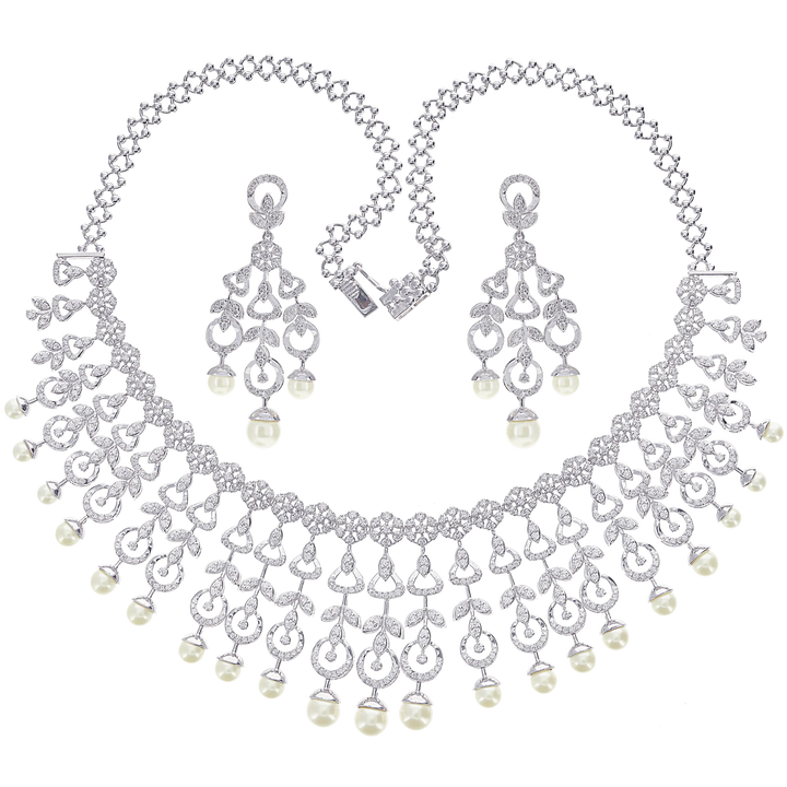 8.76Ct VVS/FG Diamond Necklace Set With Pearl in 18K White Gold