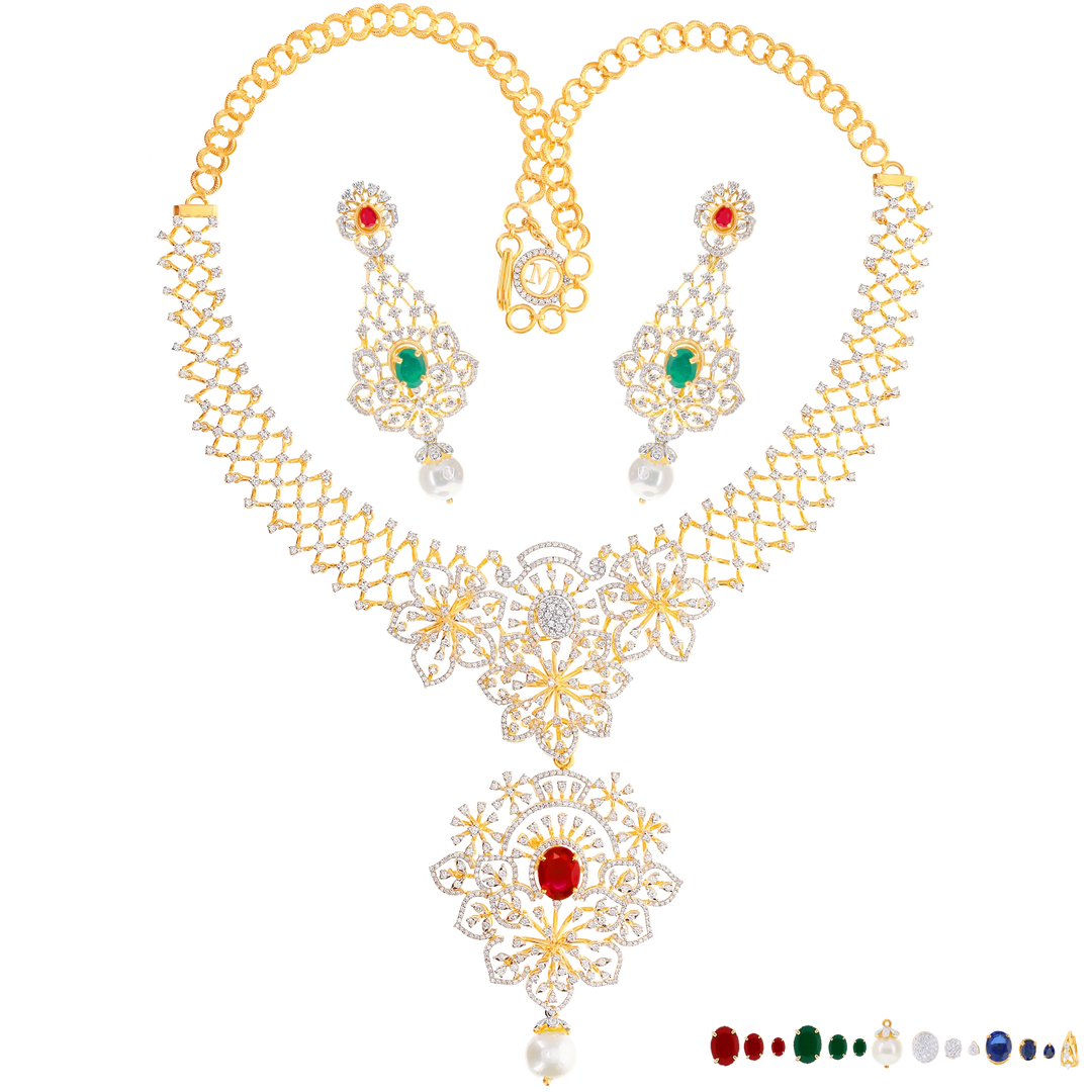 8.04Ct VVS/EF Diamond Necklace Set With Changeable Gemstone in 18K Gold