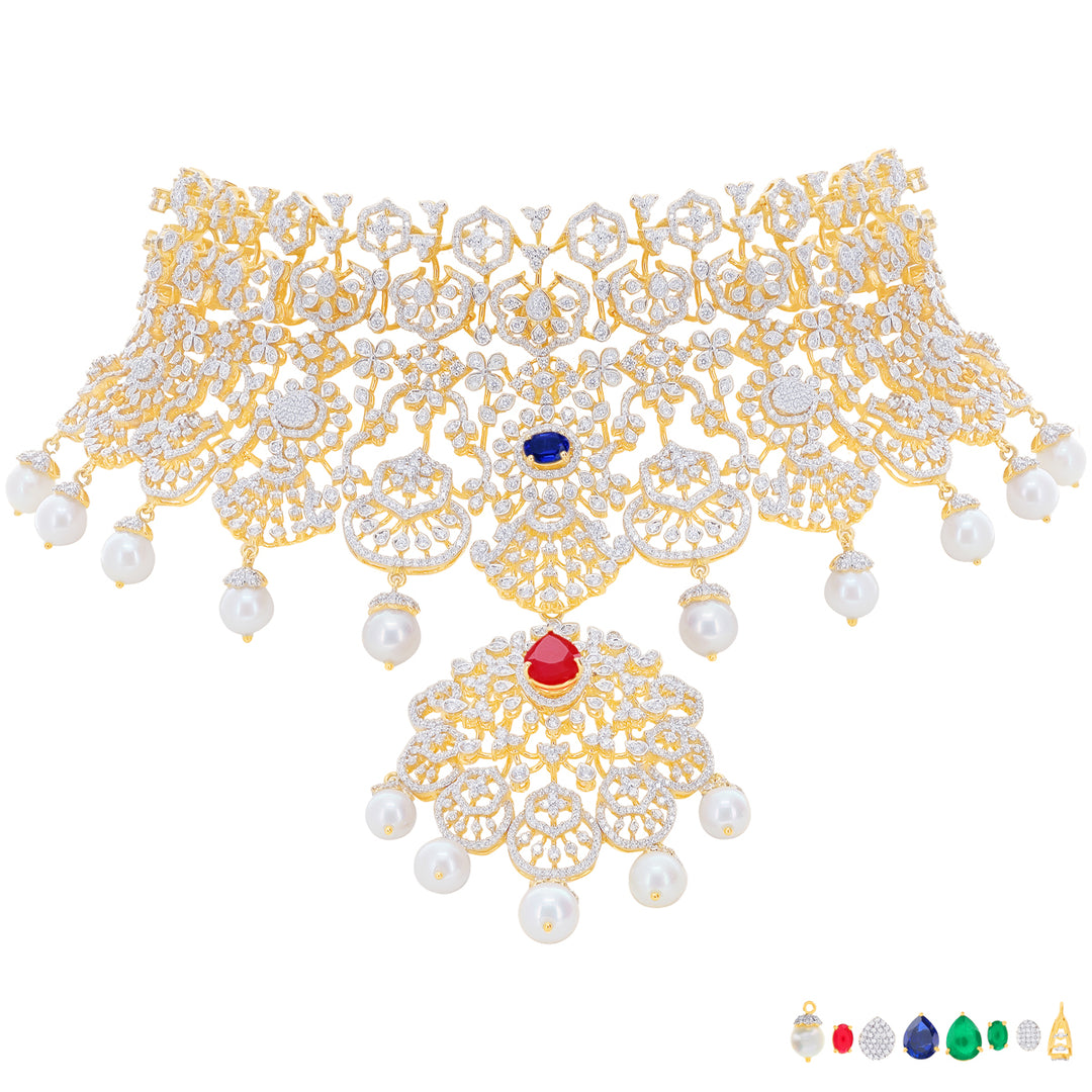 13.60Ct VVS/EF Diamond Choker Set With Changeable Gemstones in 18K Gold