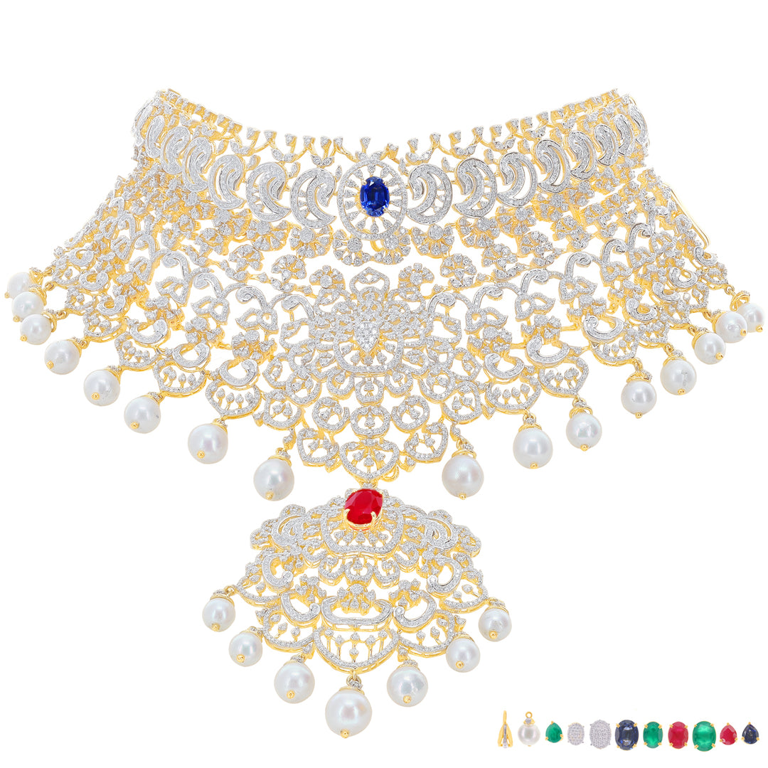 15.16Ct VVS/EF Diamond Choker With Changeable Gemstones in 18K Gold