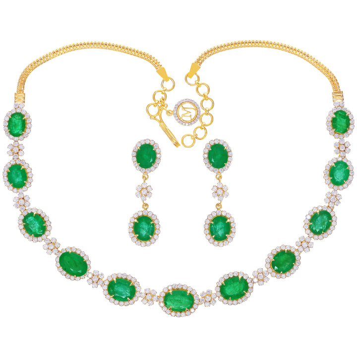 6.46Ct VS/GH Diamond Necklace Set With Emerald in 18K Gold