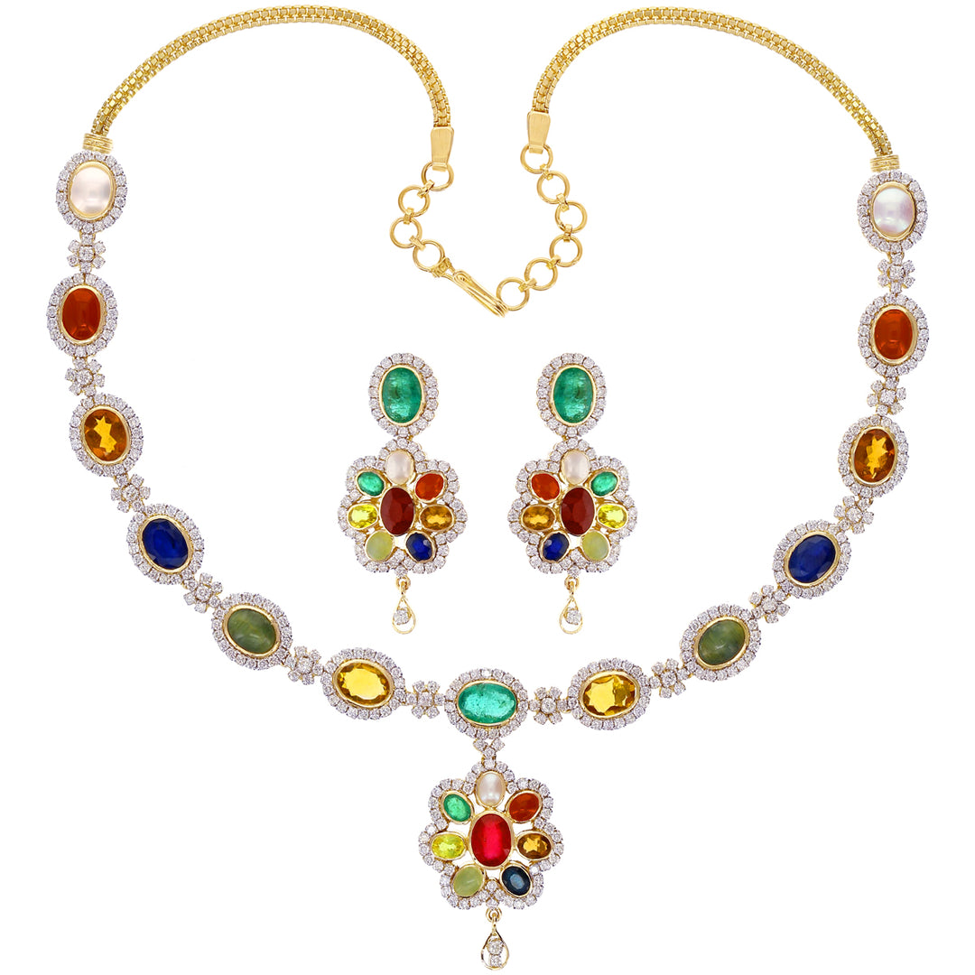 8.03Ct VS/GH Diamond Necklace Set with Navratan Gemstone in 18K Gold