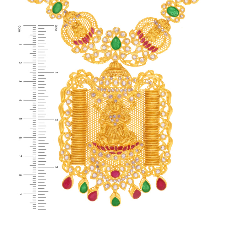 12.25CTW Rose Cut Diamond Laxmi Necklace Set With Ruby & Emerald in 22K Gold