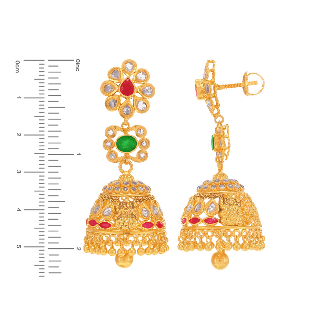 12.25CTW Rose Cut Diamond Laxmi Necklace Set With Ruby & Emerald in 22K Gold