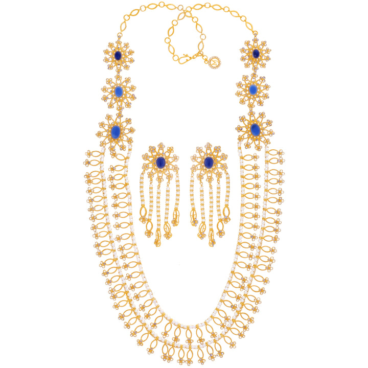 14.96Ct Rose Cut Diamond Patta Haaram With Turquoise Ruby & Pearl  in 22K Gold