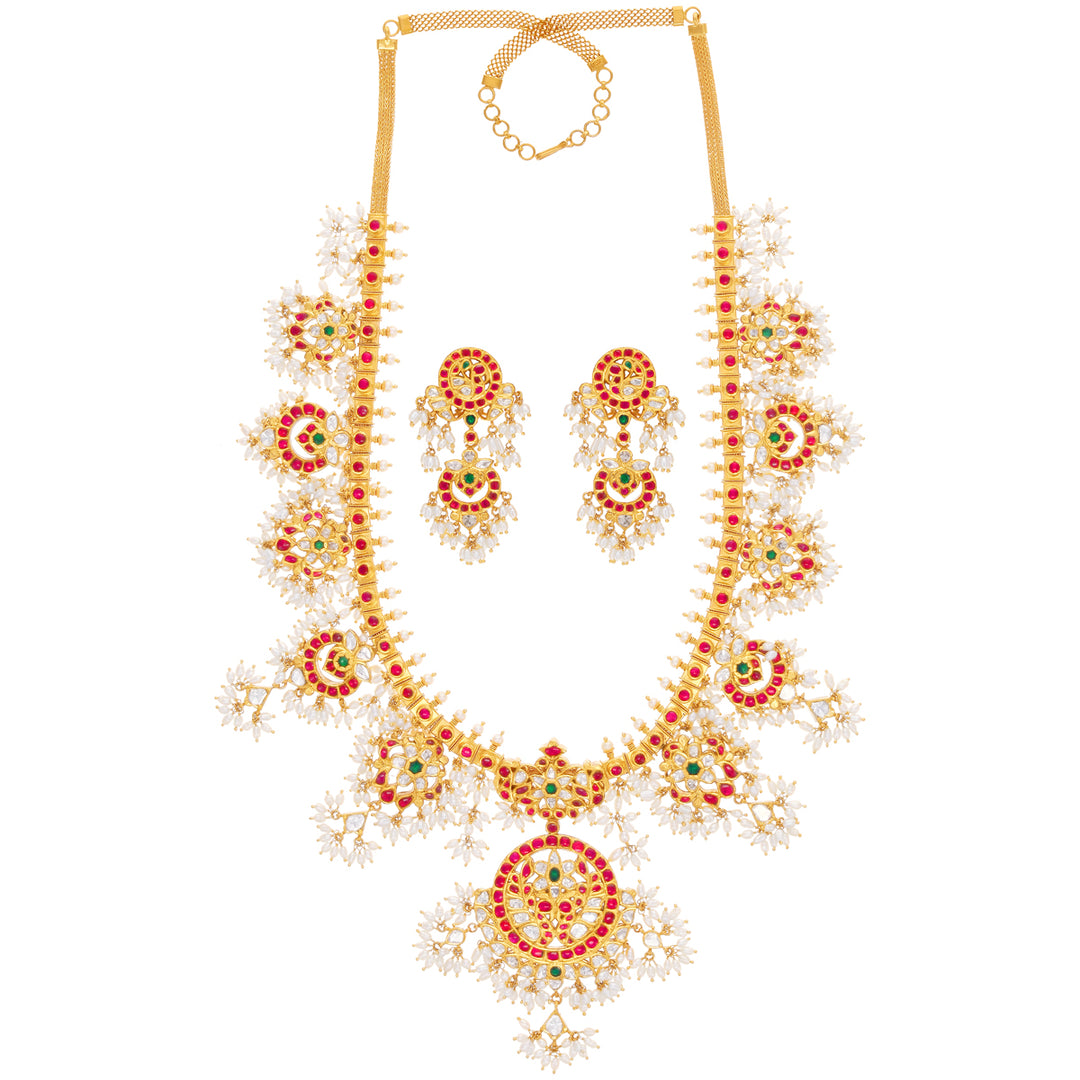 11.25Ct Rose Cut Diamond Gutta Pusalu Necklace Set With Gemstones in 22K Gold