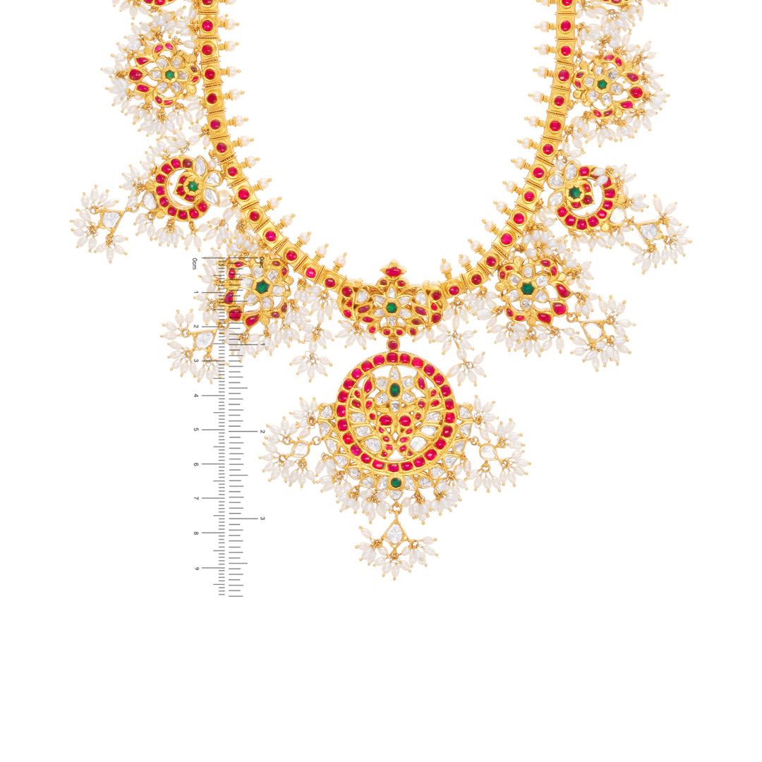 11.25Ct Rose Cut Diamond Gutta Pusalu Necklace Set With Gemstones in 22K Gold