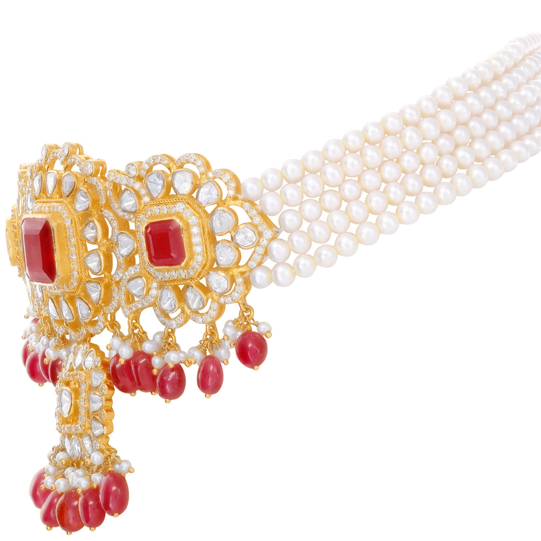 11.91CTW Rose Cut Diamond Choker Set With Ruby & Pearl in 22K Gold