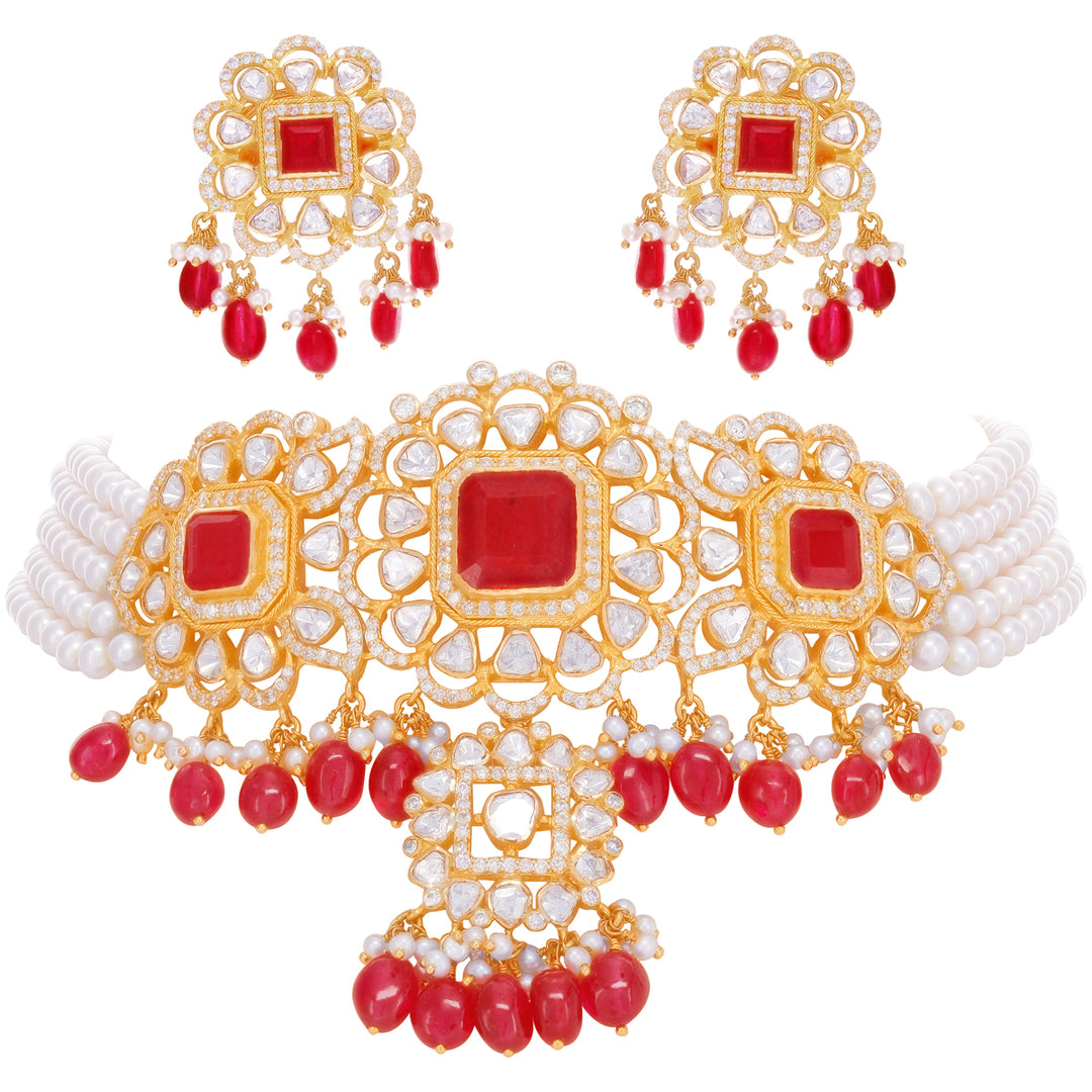 11.91CTW Rose Cut Diamond Choker Set With Ruby & Pearl in 22K Gold