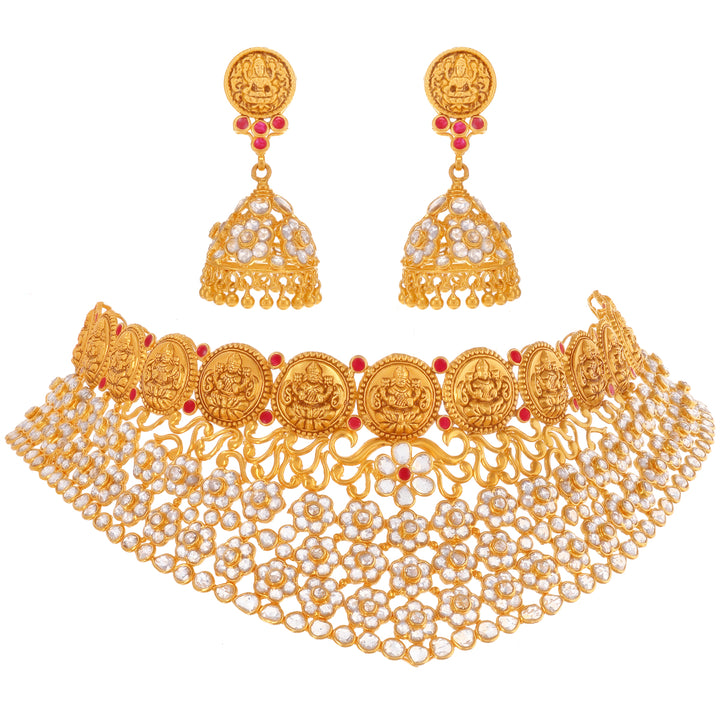 25.20CTW Rose Cut Diamond Antique Laxmi Choker Set With Ruby in 22K Gold