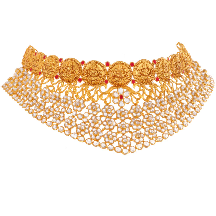 25.20CTW Rose Cut Diamond Antique Laxmi Choker Set With Ruby in 22K Gold