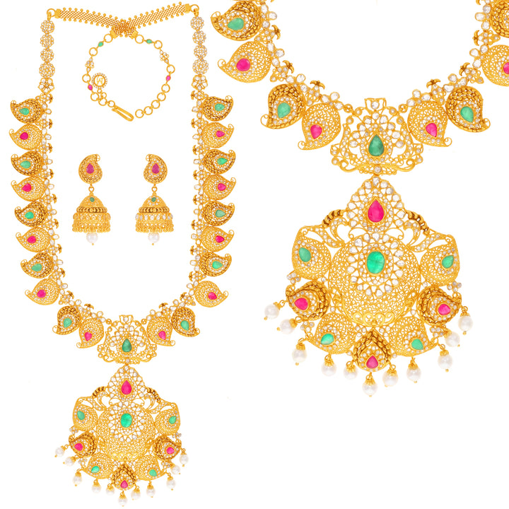 21.15CTW Rose Cut Diamond Patta Haarm With Gemstones in 22K Gold