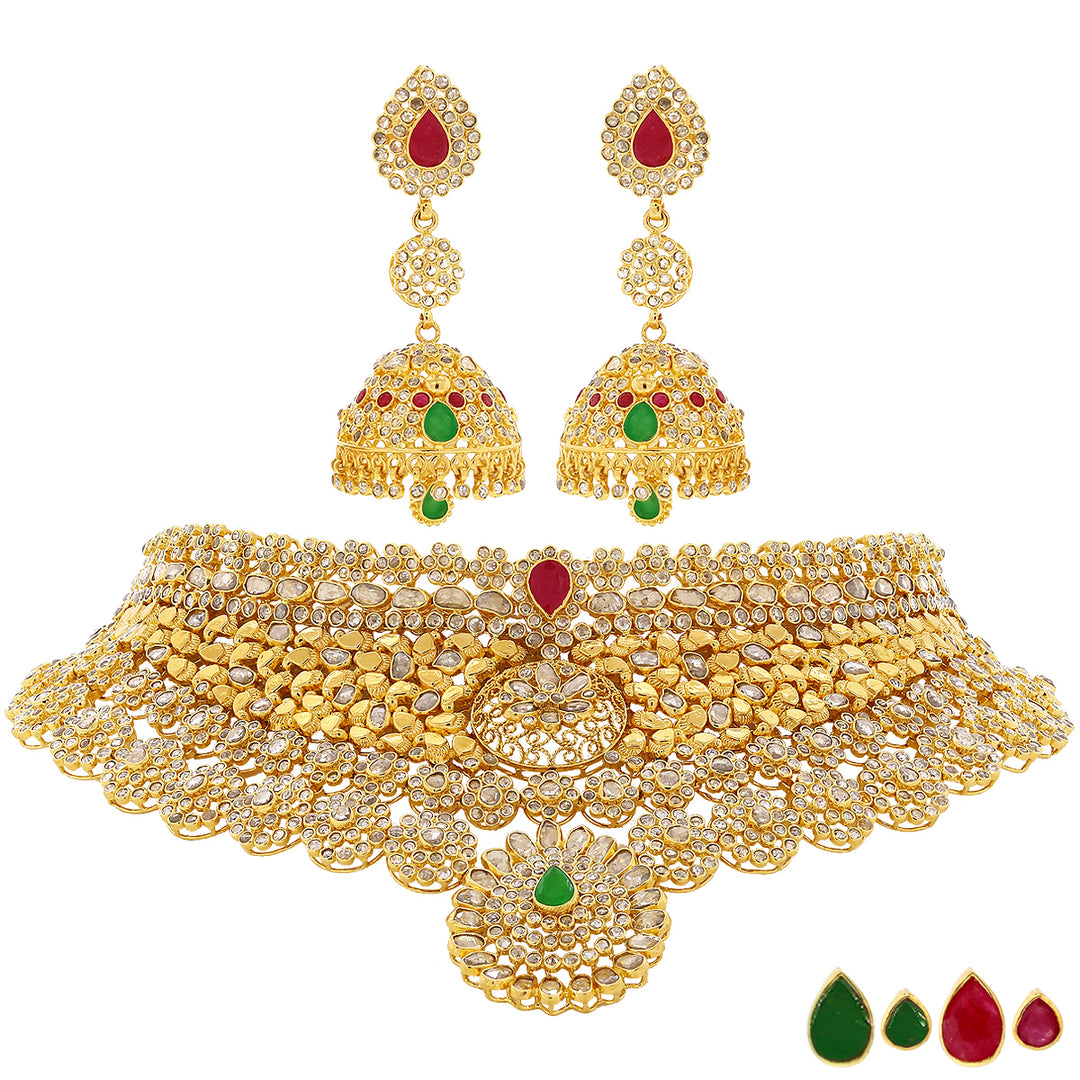 48.35CTW Rose Cut Diamond Choker Set with Changeable Gemstones in 22K Gold