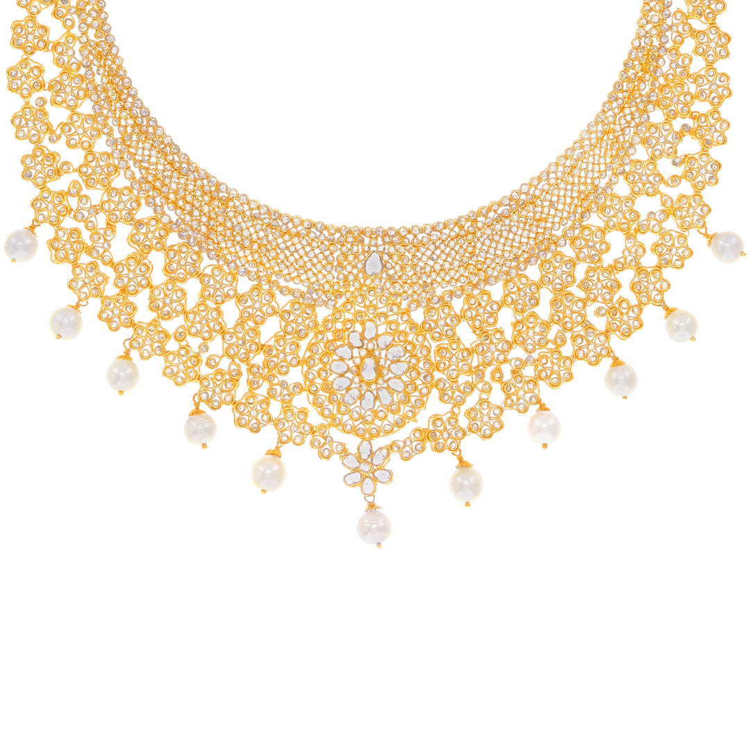 35.69CTW Rose Cut Diamond Antique Choker Set With Pearl in 22K Gold