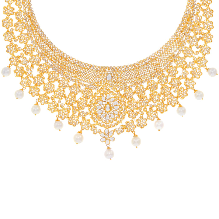 35.69CTW Rose Cut Diamond Antique Choker Set With Pearl in 22K Gold