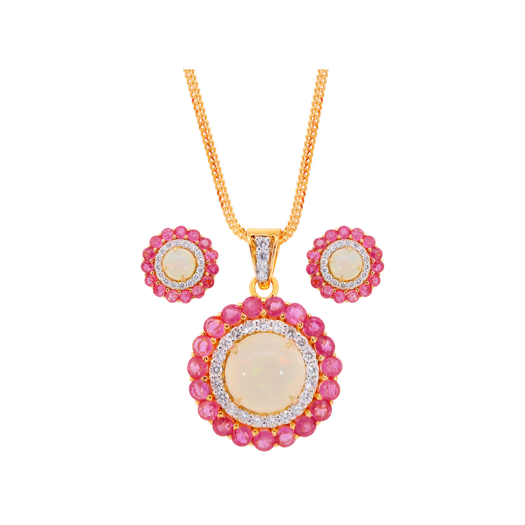 1.09Ct VS/GH Diamond Pendant Set With Opal & Pink Sapphire in 18K Gold