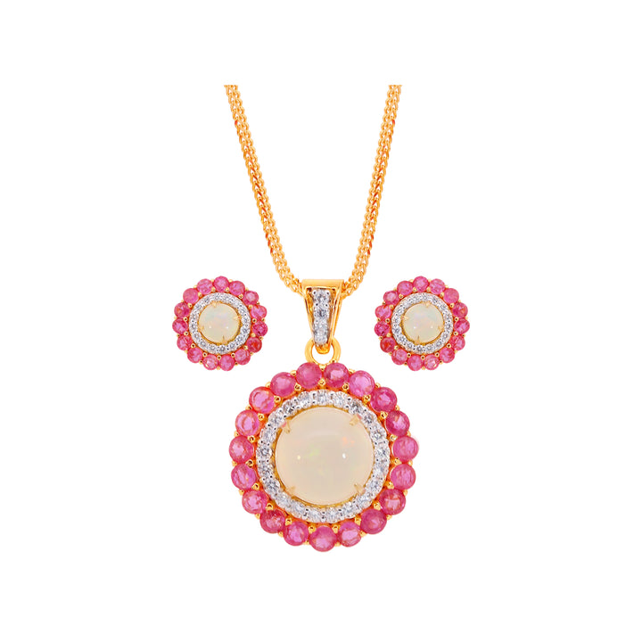1.09Ct VS/GH Diamond Pendant Set With Opal & Pink Sapphire in 18K Gold