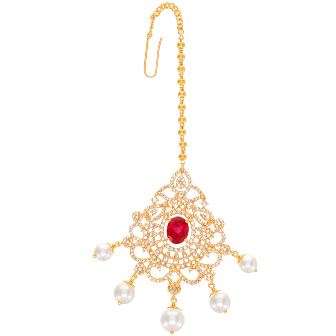 3.02CTW Rose Cut Diamond Maang Tikka With Ruby & Pearl in 22K Gold