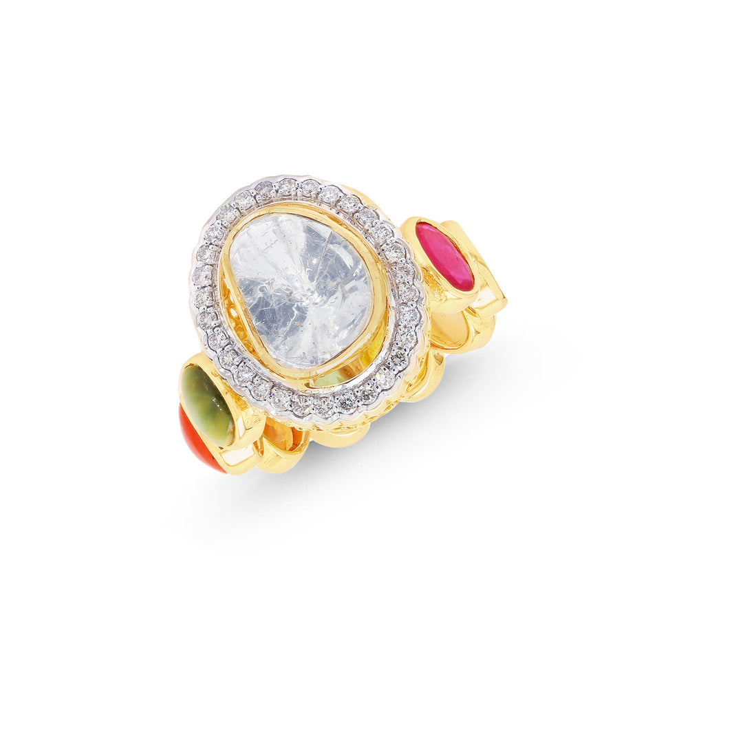 1.31Ct Rose Cut Diamond Ring With Navratan in 14K Gold