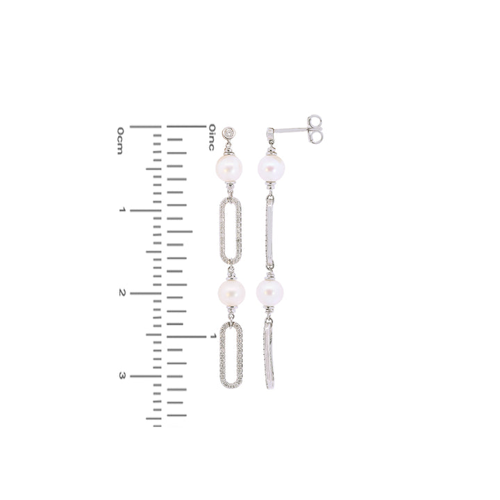 0.59Ct SI-GH Diamond Long Earrings With Pearl in 18K White Gold