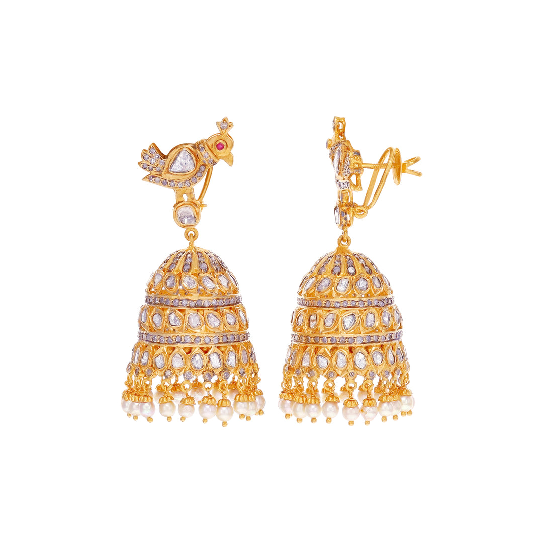 8.80CTW Rose Cut Diamond Jhumkha With Ruby & Pearl in 22K Gold