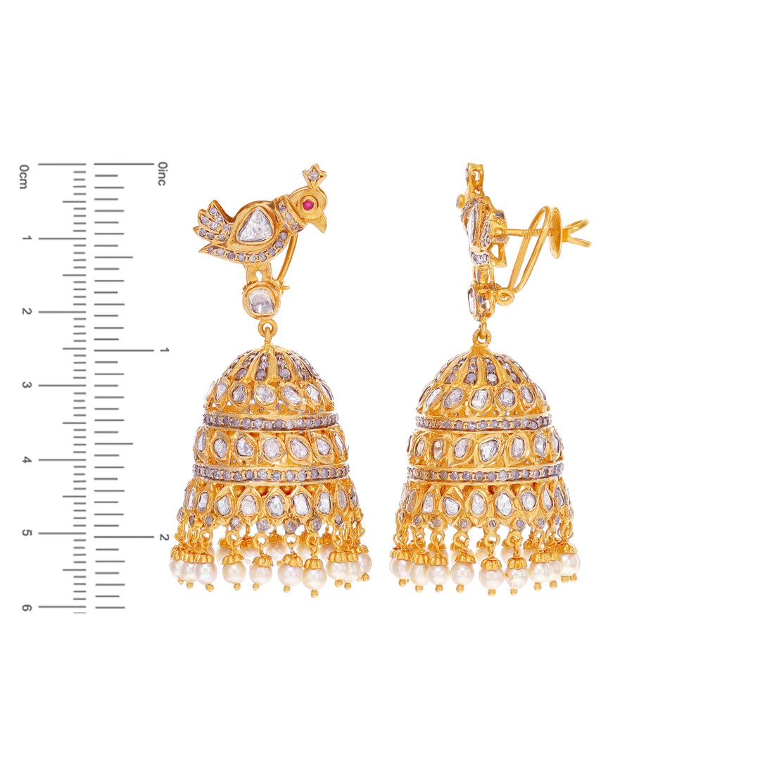 8.80CTW Rose Cut Diamond Jhumkha With Ruby & Pearl in 22K Gold