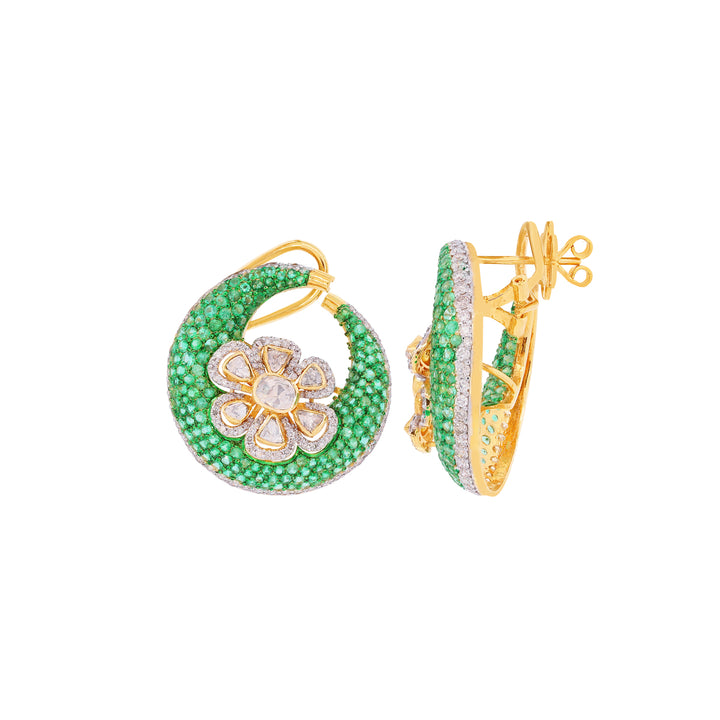 3.65CTW Rose Cut Diamond Chandbali With Emerald in 14K Gold