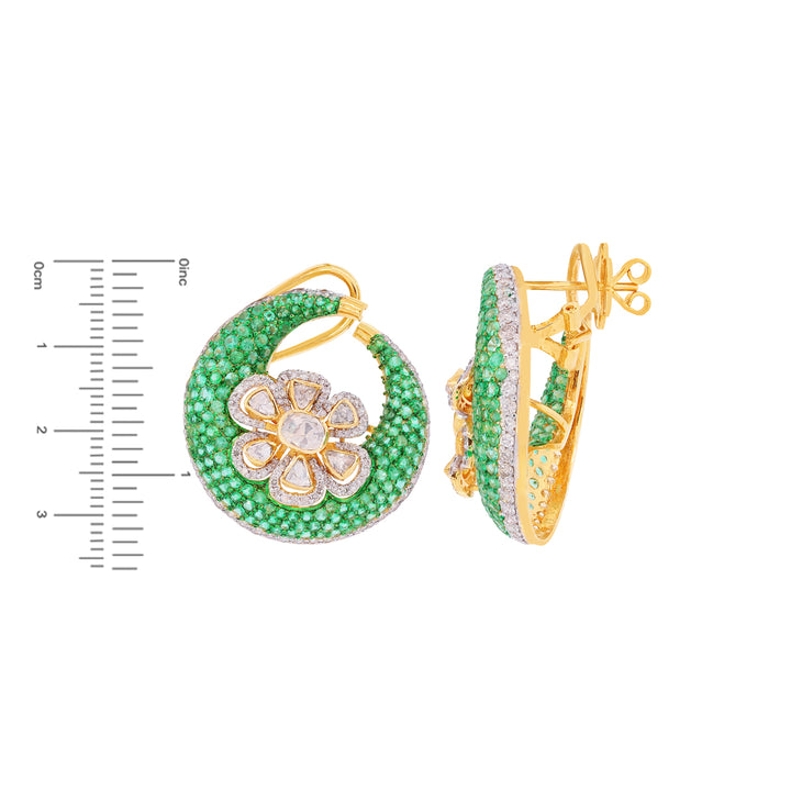 3.65CTW Rose Cut Diamond Chandbali With Emerald in 14K Gold