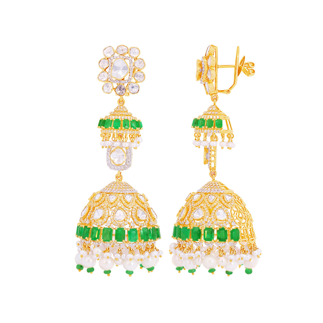 8.82CTW White & Rose Cut Diamond Jhumkha With Emerald & Gemstones in 14K Gold