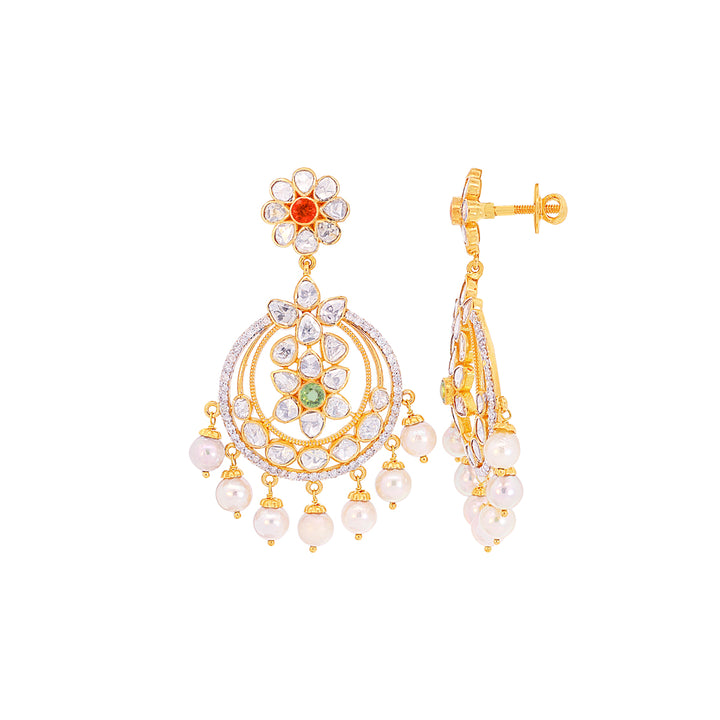 4.34CTW White & Rose Cut Diamond Antique Chandbali With Gemstones in 18K Gold